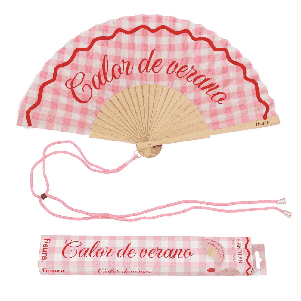 Abanico “calor de verano” vichy rosa Fisura – abanico original con colgador y madera sostenible