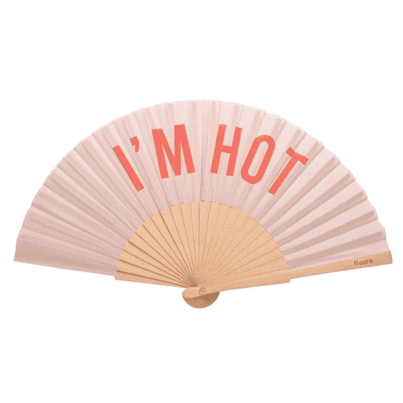 Abanico “i’m hot” beige y rojo Fisura – abanico original con colgador y madera sostenible