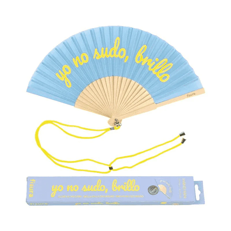 Abanico “yo no sudo brillo” azul Fisura – abanico que brilla en la oscuridad con colgador