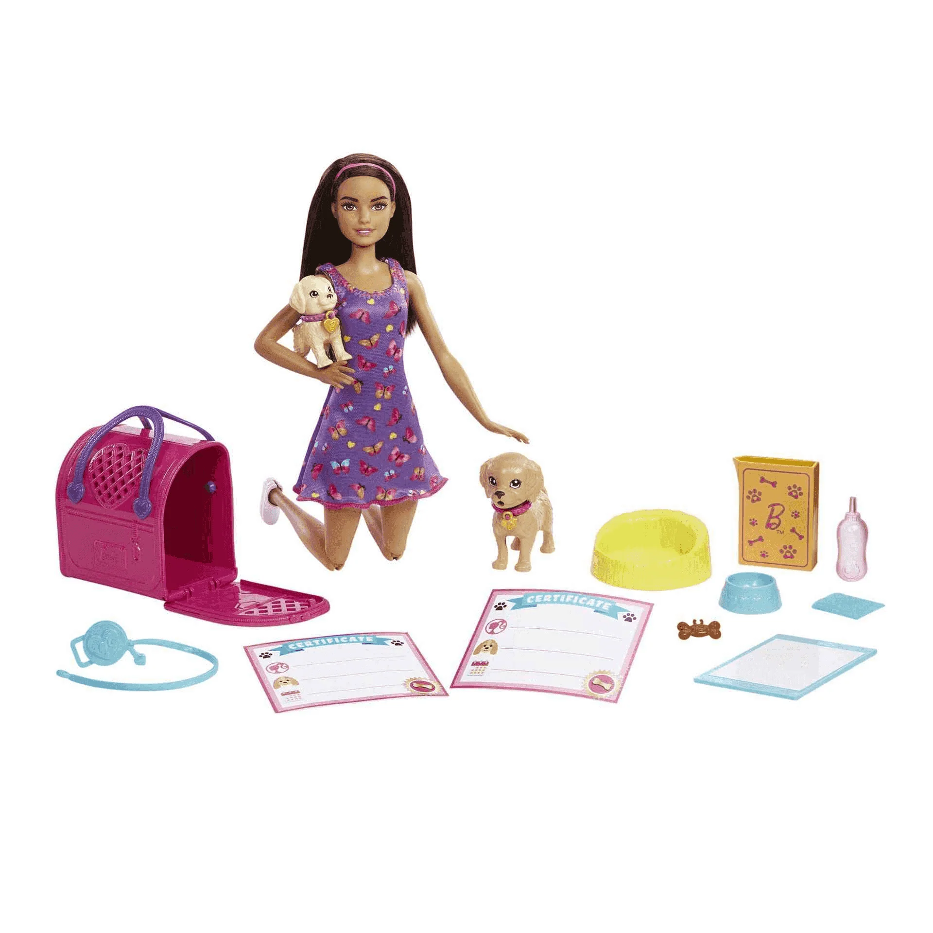 Barbie Adopta perritos Muñeca con vestido morado perritos mascota y accesorios para cuidarles juguet