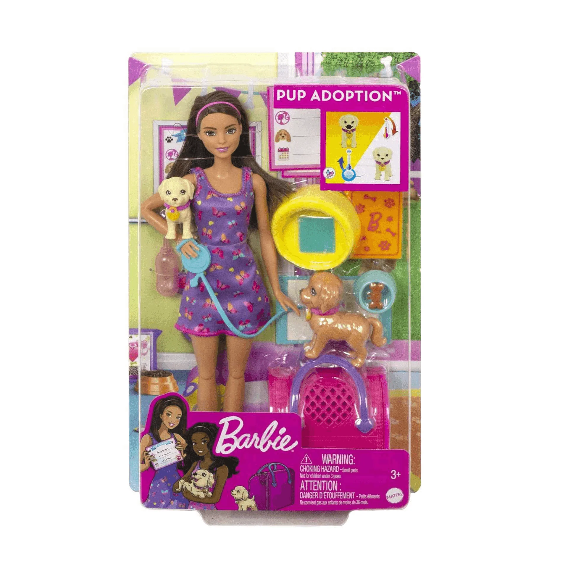 Barbie Adopta perritos Muñeca con vestido morado perritos mascota y accesorios para cuidarles juguet - Image 3