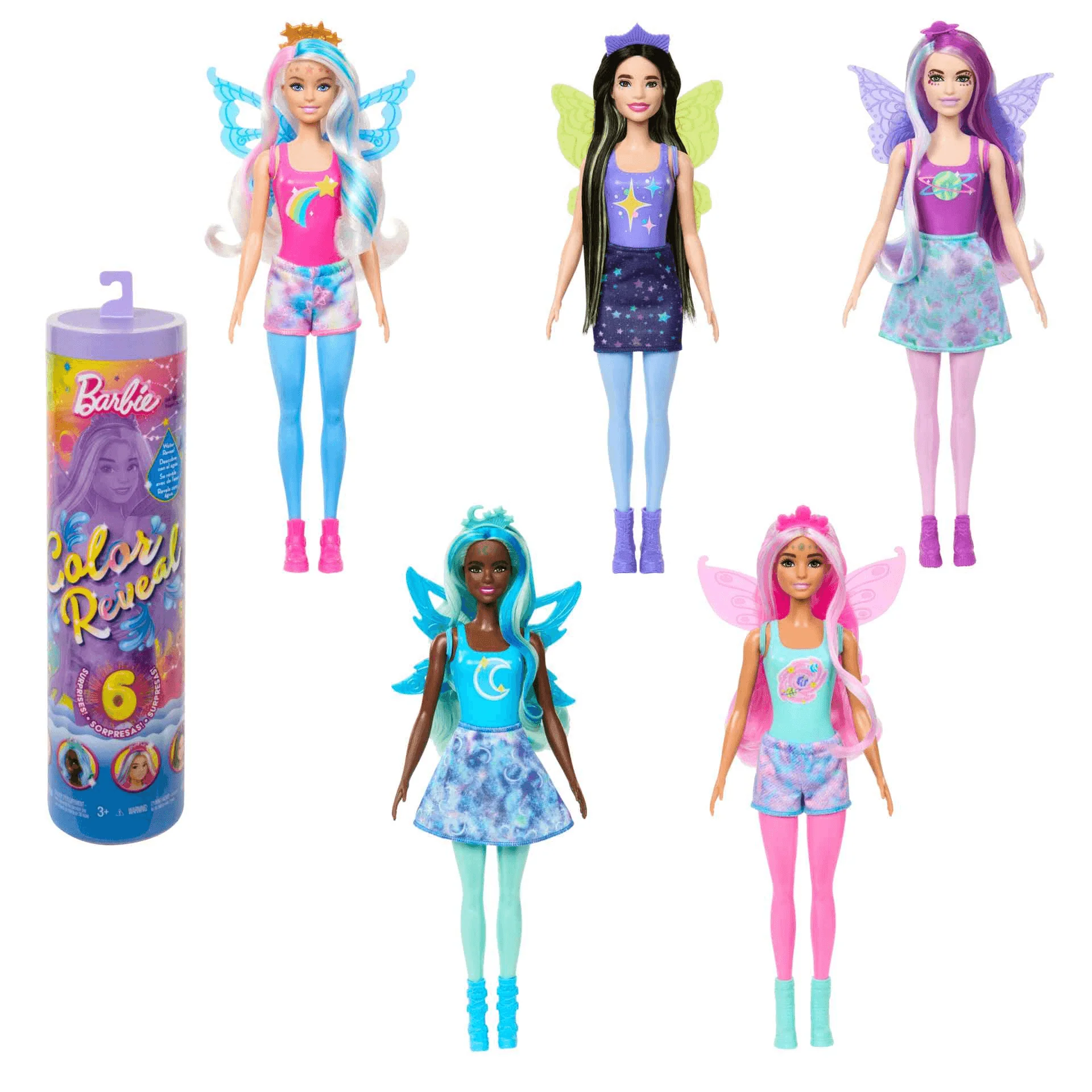 Barbie Color Reveal Muñeca con 6 sorpresas al abrir la caja, colección Rainbow Galaxy con un brillo