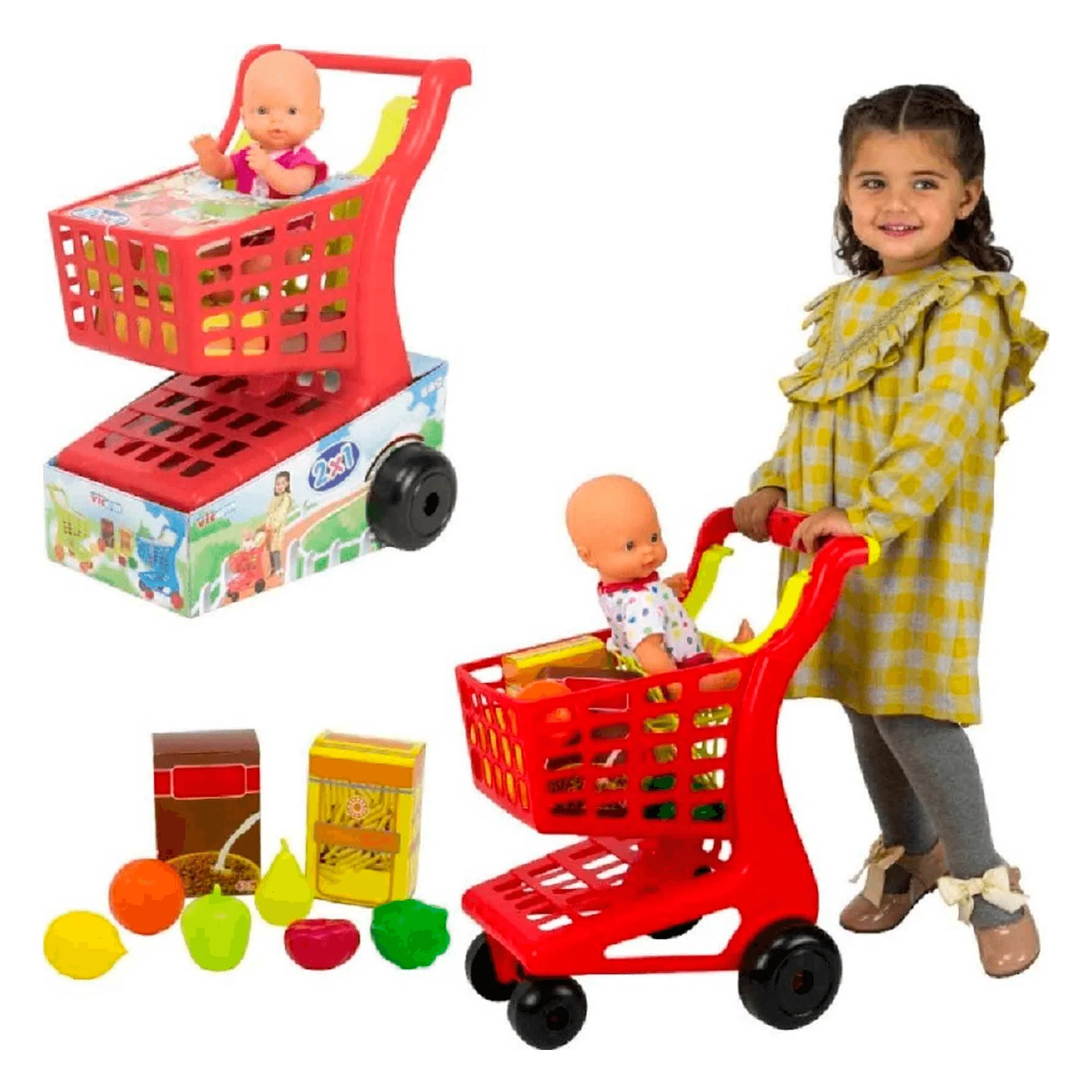 Carrito de supermercado con alimentos y muñeco