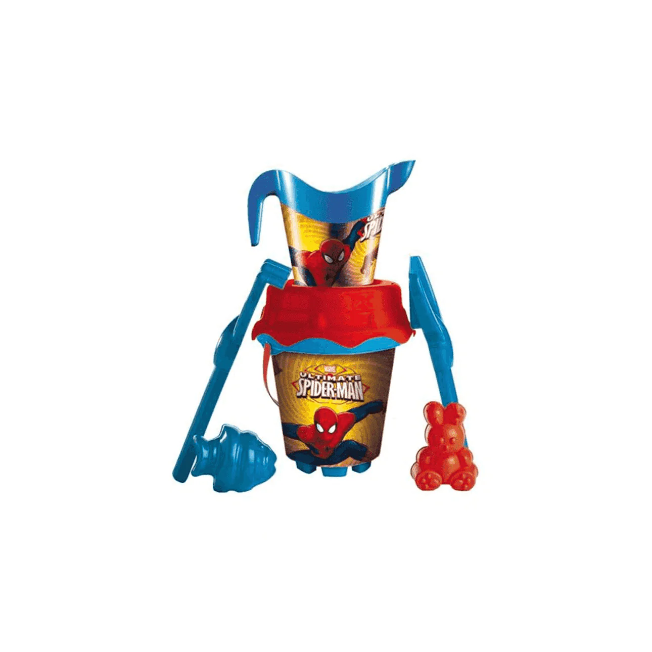 Cubo de playa Spiderman 18 cm con regadera, pala.. rastrillo...