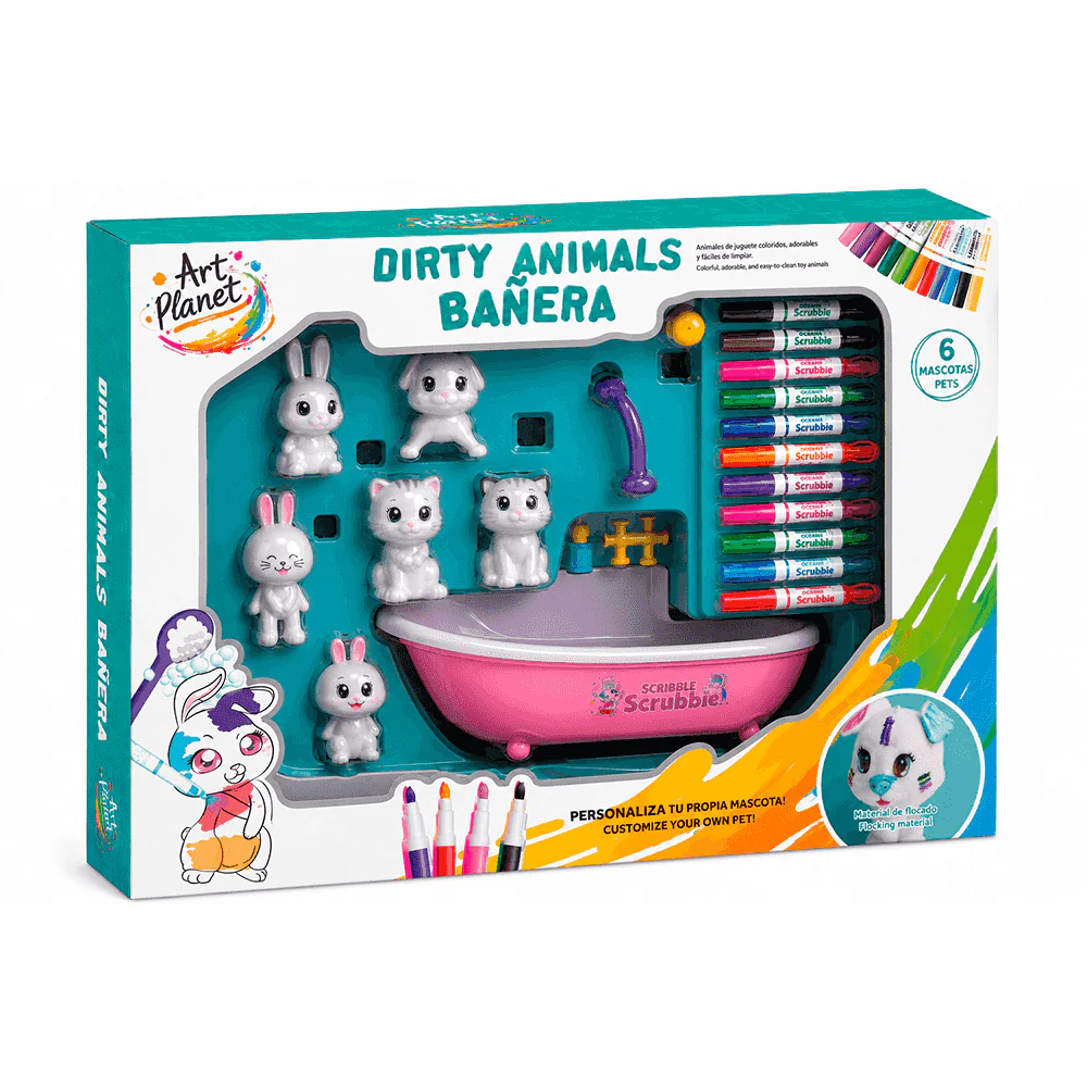 Dirty Animals Bañera Art Planet con 6 mascotas lavables y rotuladores reutilizables