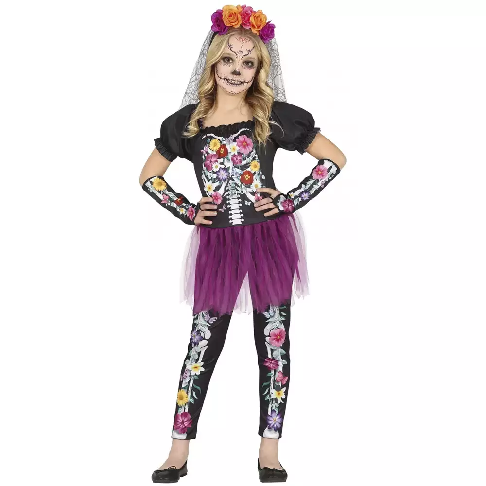 Disfraz Catrina Infantil con Flores y Tutú T. 10-12