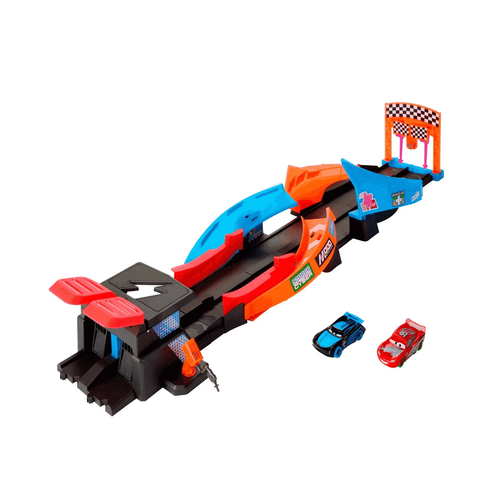 Disney Pixar Cars Night Racing Pista para coches de juguete que brilla en la oscuridad, incluye 2 ve