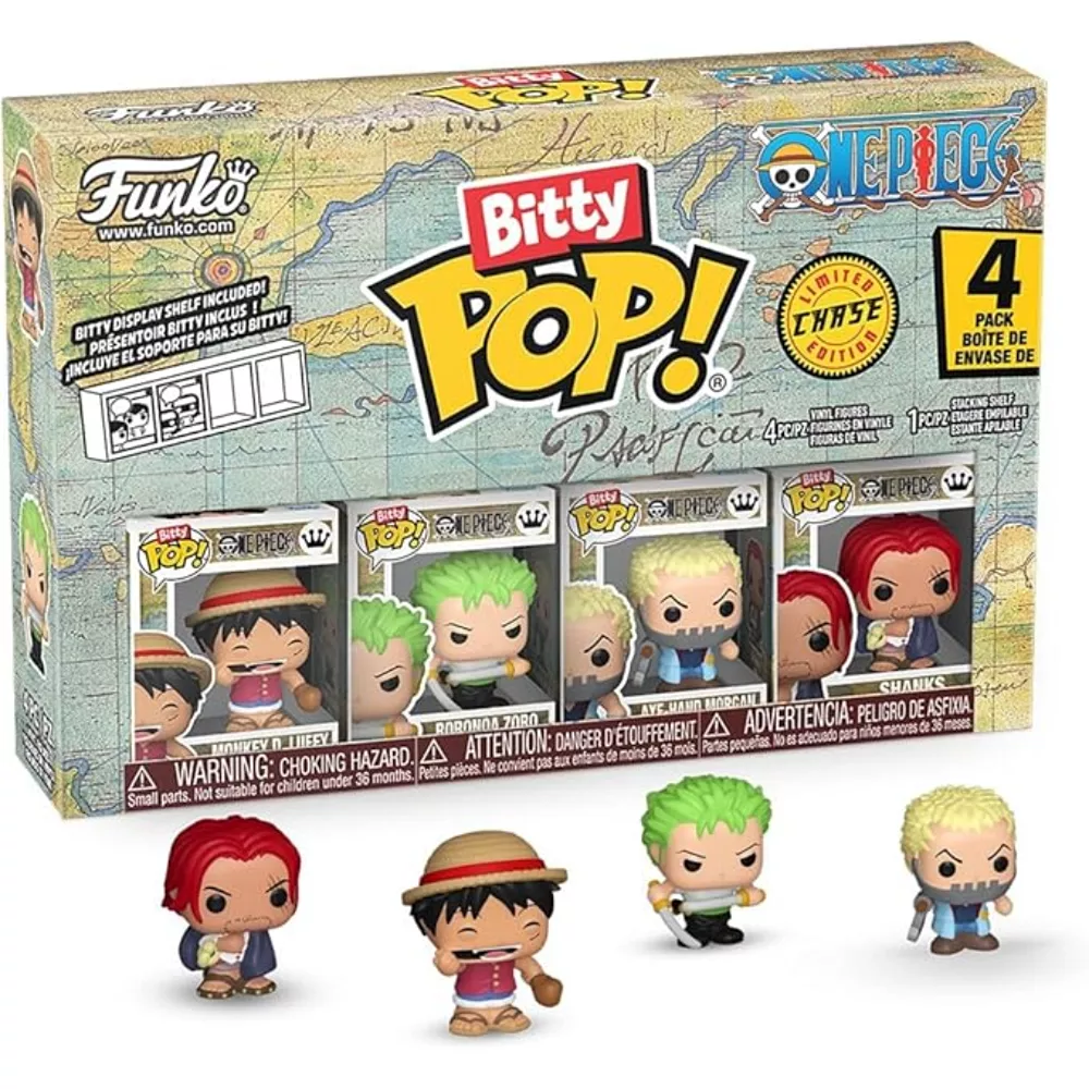 Funko Bitty Pop! One Piece 4 Pack con Luffy, Zoro, Axe-Hand Morgan y una mini figura misteriosa.