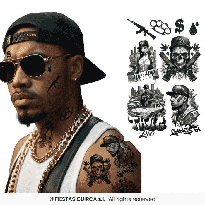 Hoja tatuajes Thug Life 14 x 30 cm – Calcomanías temporales para disfraces de Halloween