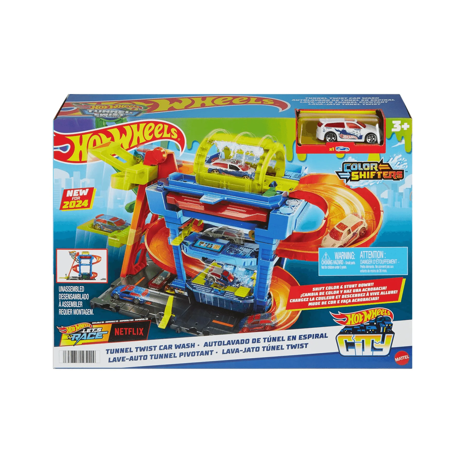 Hot Wheels City “Let´s Race - ¡a correr!” Netflix -Túnel de lavado con giros Pista para coches de ju