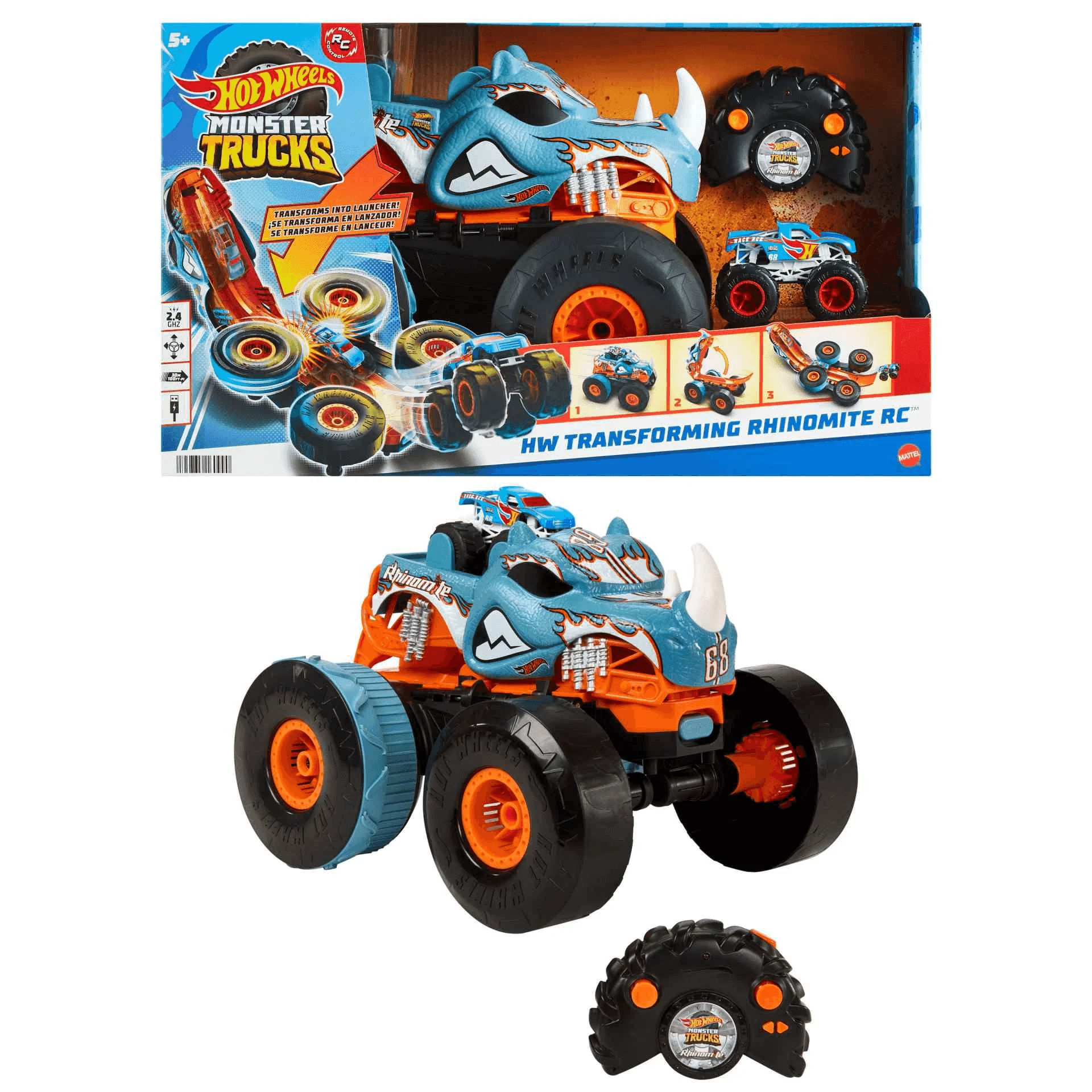 Hot Wheels Monster Trucks HW Transforming Rhinomite RC a escala 1:12 con camión de juguete Race Ace
