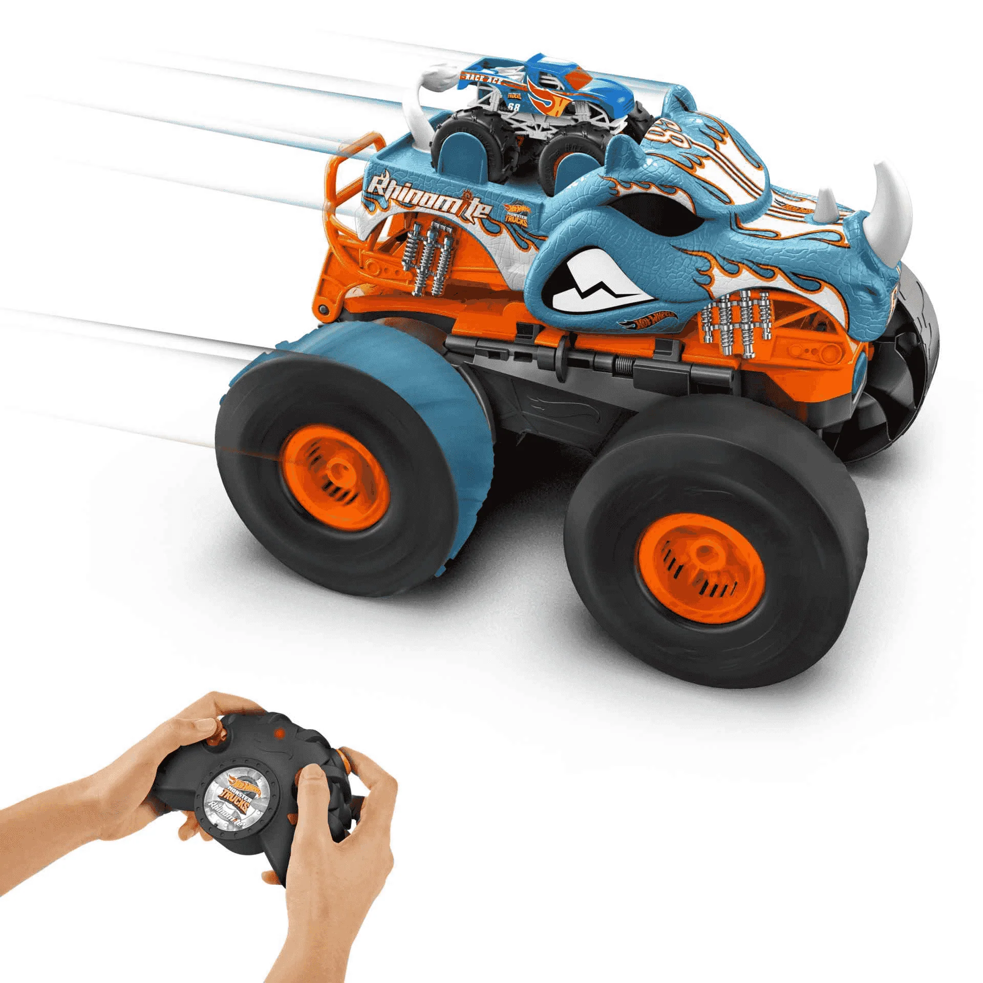 Hot Wheels Monster Trucks HW Transforming Rhinomite RC a escala 1:12 con camión de juguete Race Ace - Image 2