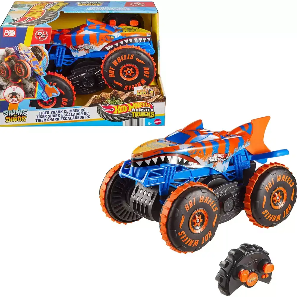Hot Wheels Monster Trucks Tiger Shark RC Escalador – 3 modos: carrera, escalada y frenético