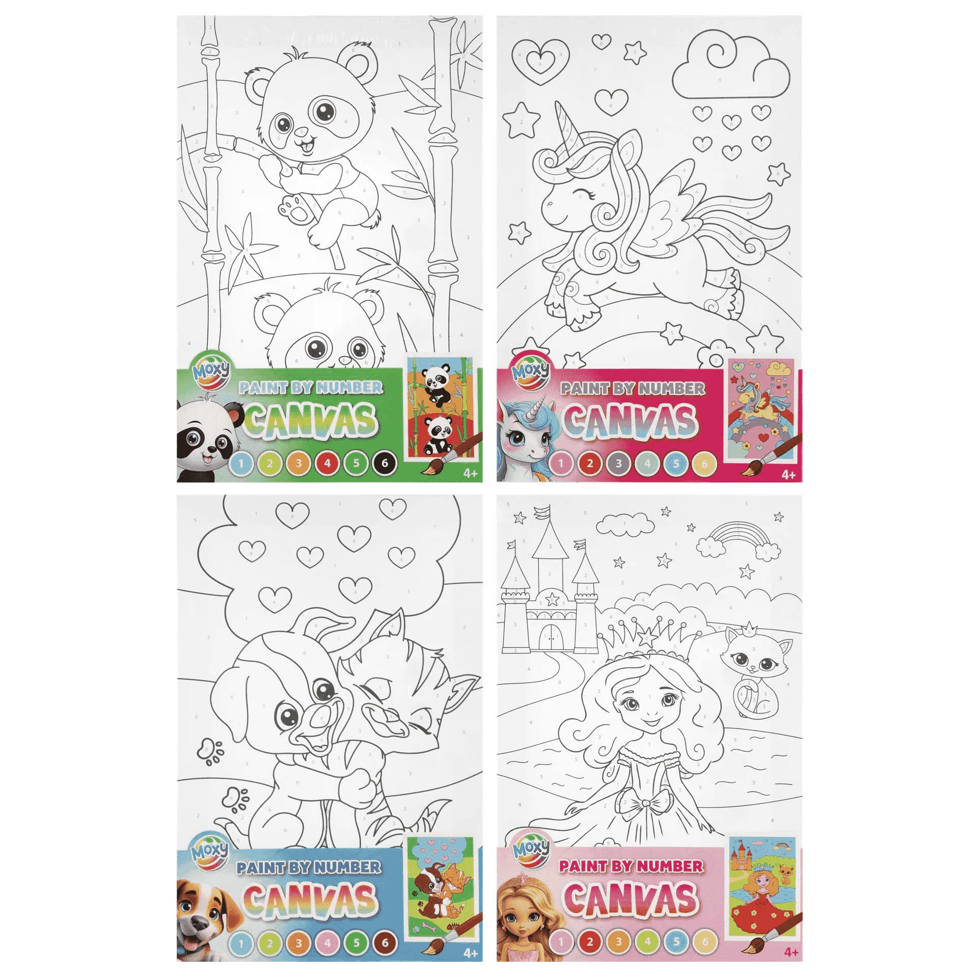 Lienzo Pintar por Números 29,7x19,5 cm con Pinturas y Pincel | 4 Diseños Infantiles Surtidos