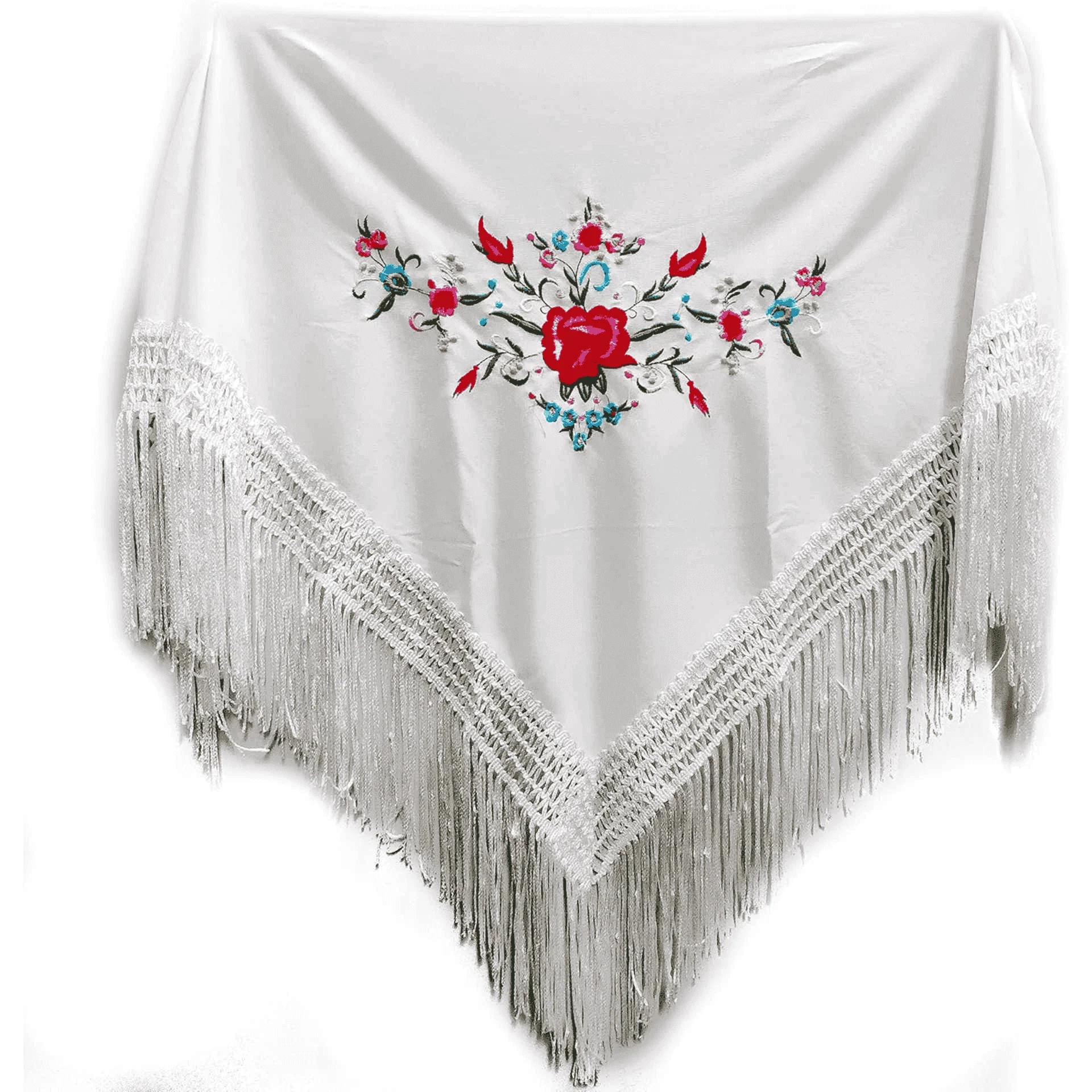 Mantón Chulapa Bordado Blanco con Flecos – Tamaño Pequeño