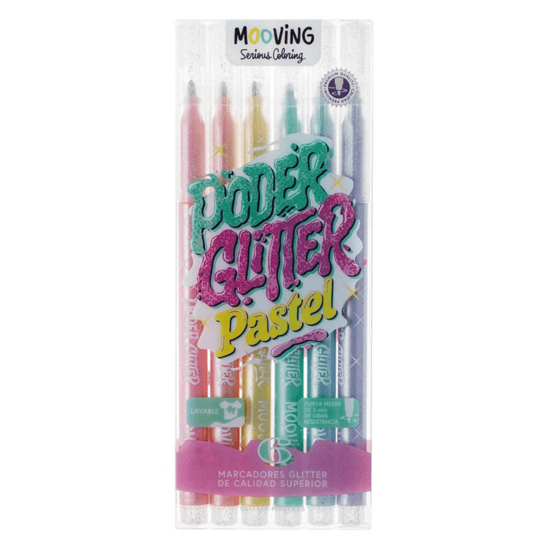 Marcadores Mooving Poder Glitter Pastel x6