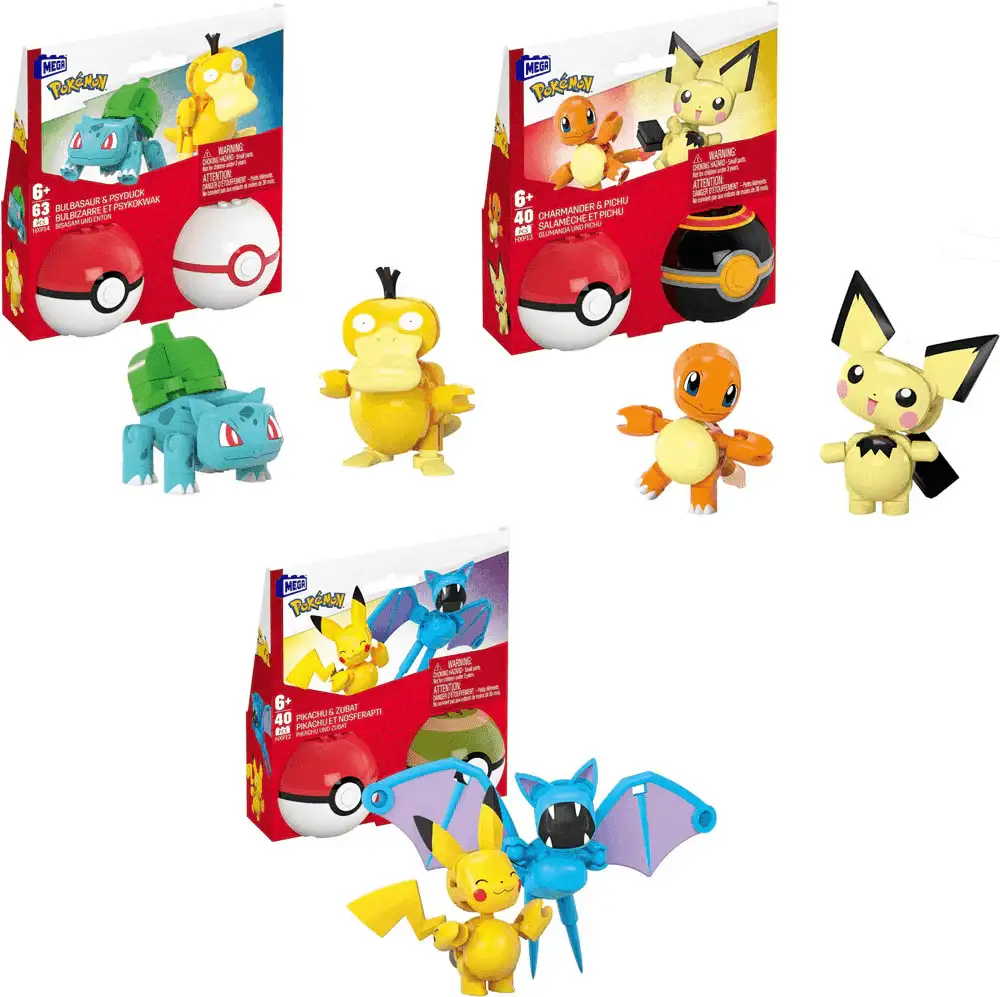 Mega Bloques de construcción Pokémon Pack 2 pokeballs con personajes surtido - Juguete de Mega Pokém