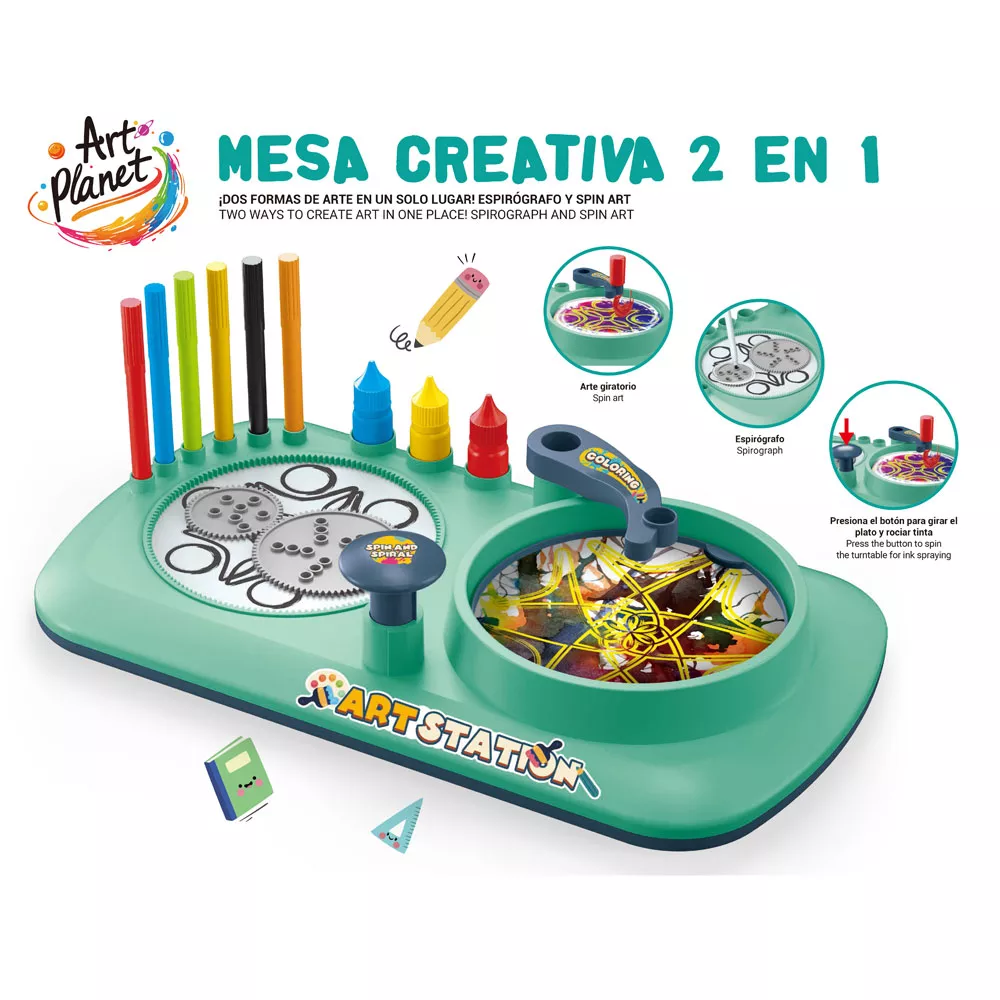Mesa Creativa 2 en 1 Art Planet – Set artístico infantil con espirógrafo y spin art (3+) - Image 2