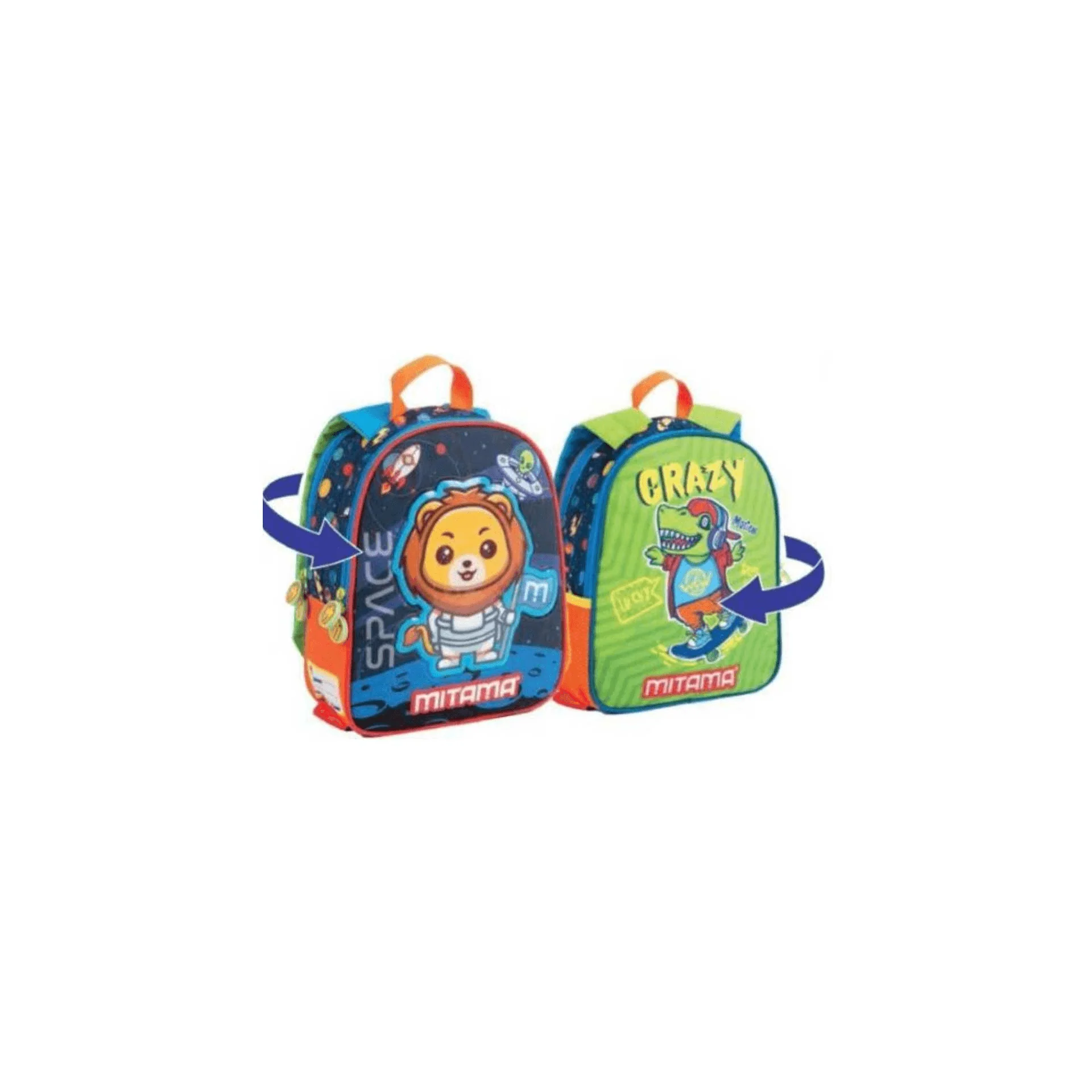 Mochila Mitama Spinny Boy Doble Cara 25cm Diseño y Funcionalidad en un Solo Producto