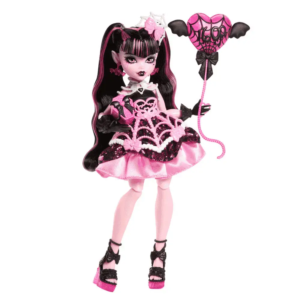 Monster High Cumplespantos Draculaura – Muñeca de fiesta con vestido rosa y accesorios