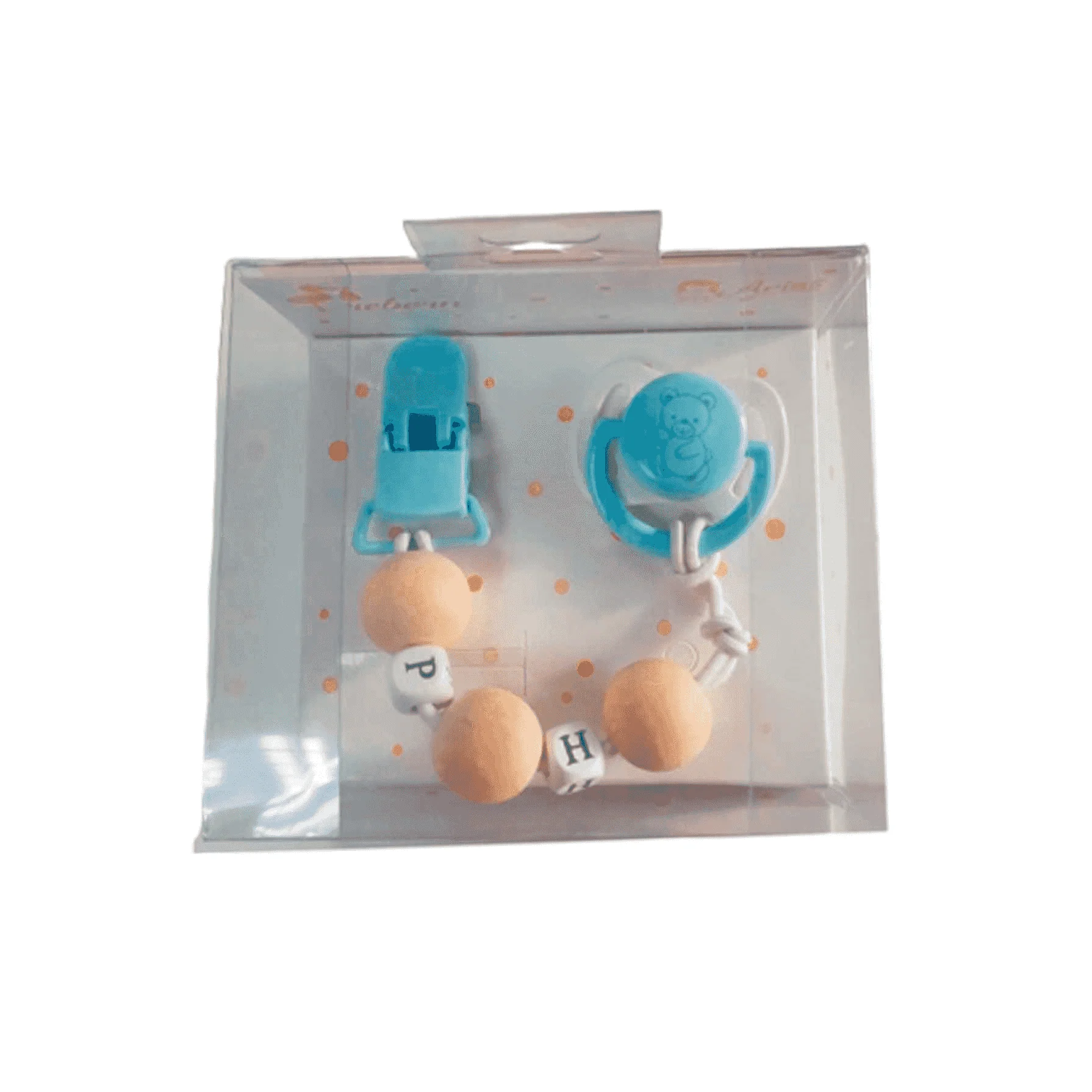 Muñecas Arias Set Chupete Azul Blanco con Cadena Madera y Pinza - Image 2