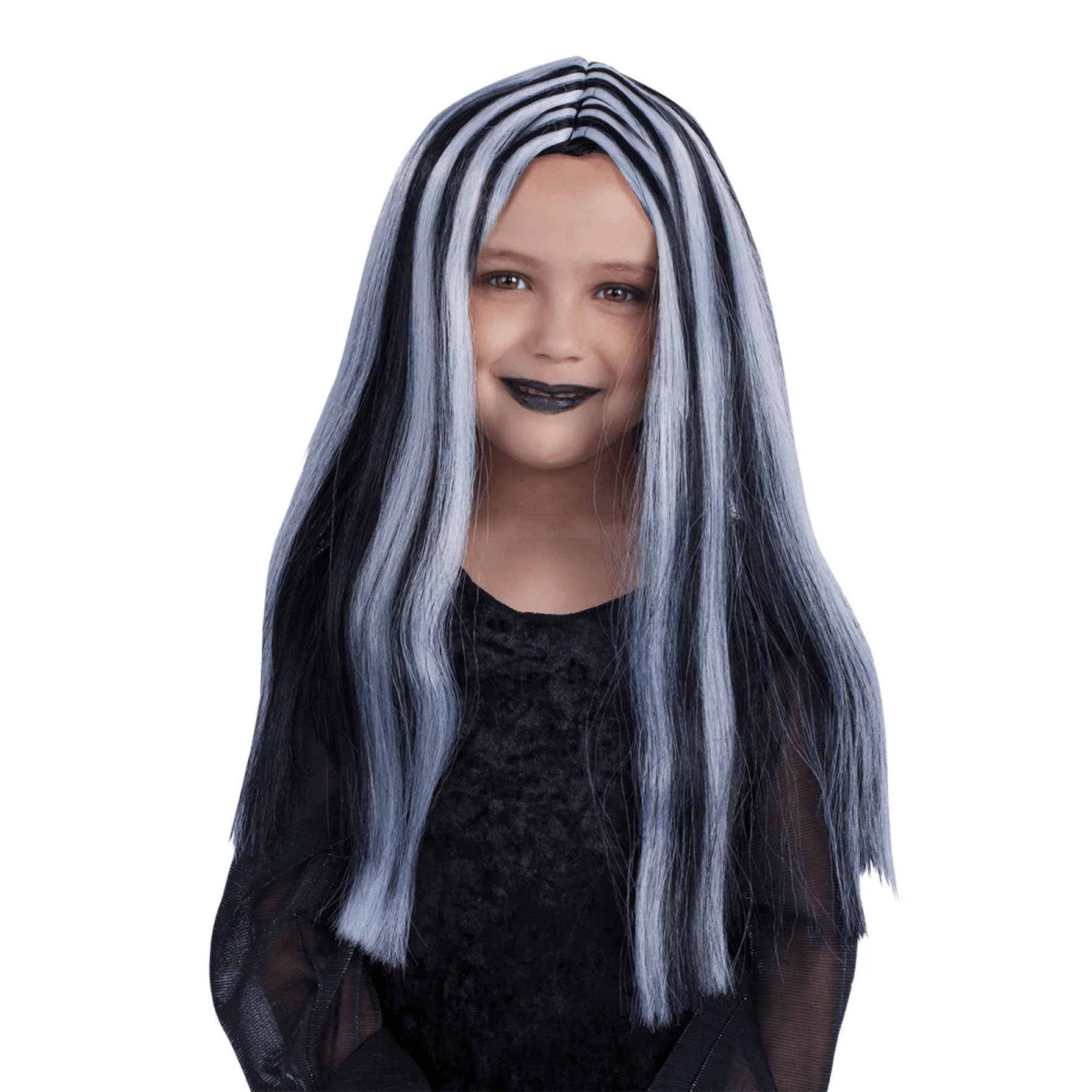 Peluca Brujita Infantil Negra con Mechas Blancas