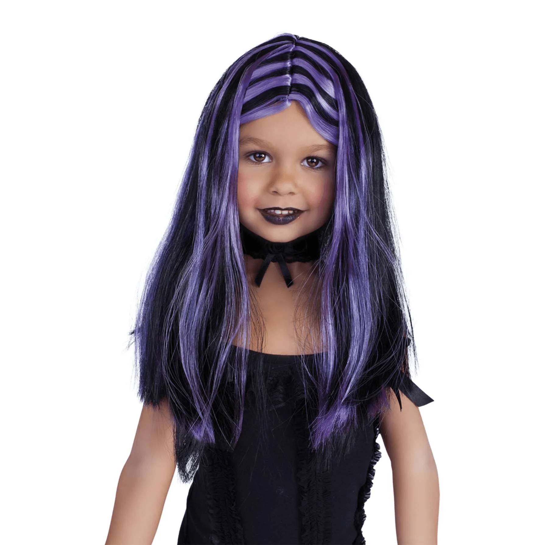 Peluca Brujita Negra con Mechas Lilas ¡Perfecta para Completar tu Disfraz Infantil de Halloween!