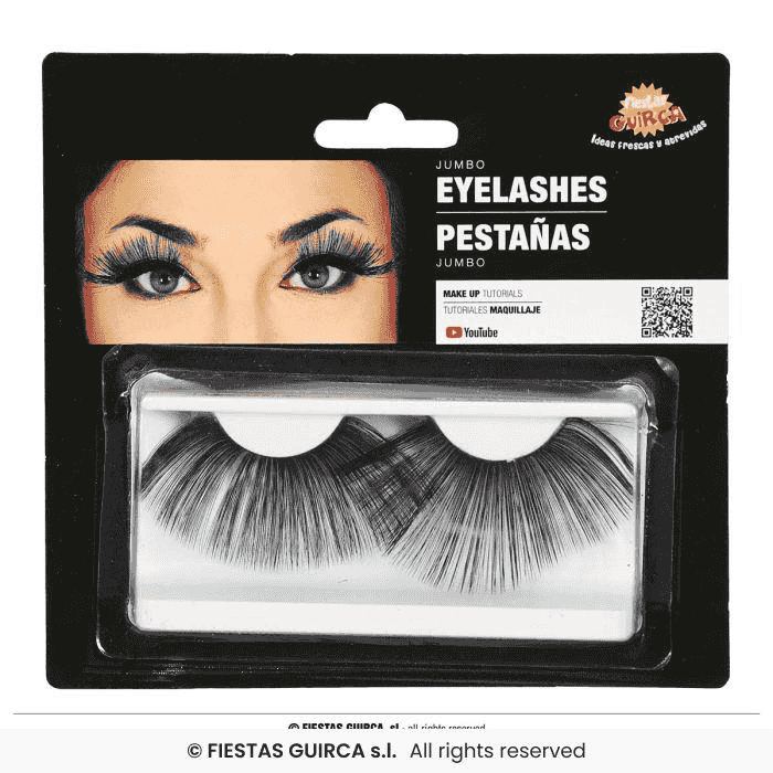 Pestañas negras jumbo con brillo y adhesivo – Maquillaje Disfraces - Image 2