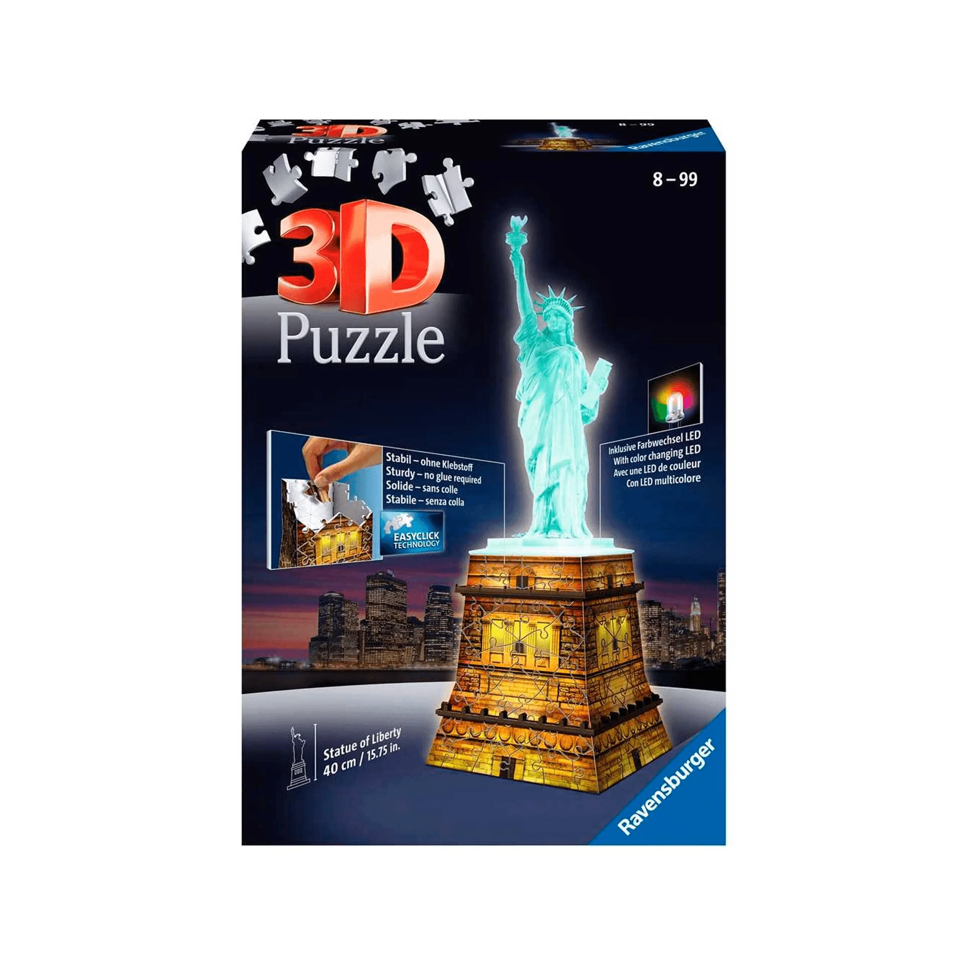 Ravensburger 3D Puzzle Estadua de la Liberdad Night Edition con Luces, 108 Piezas, 8+ Años