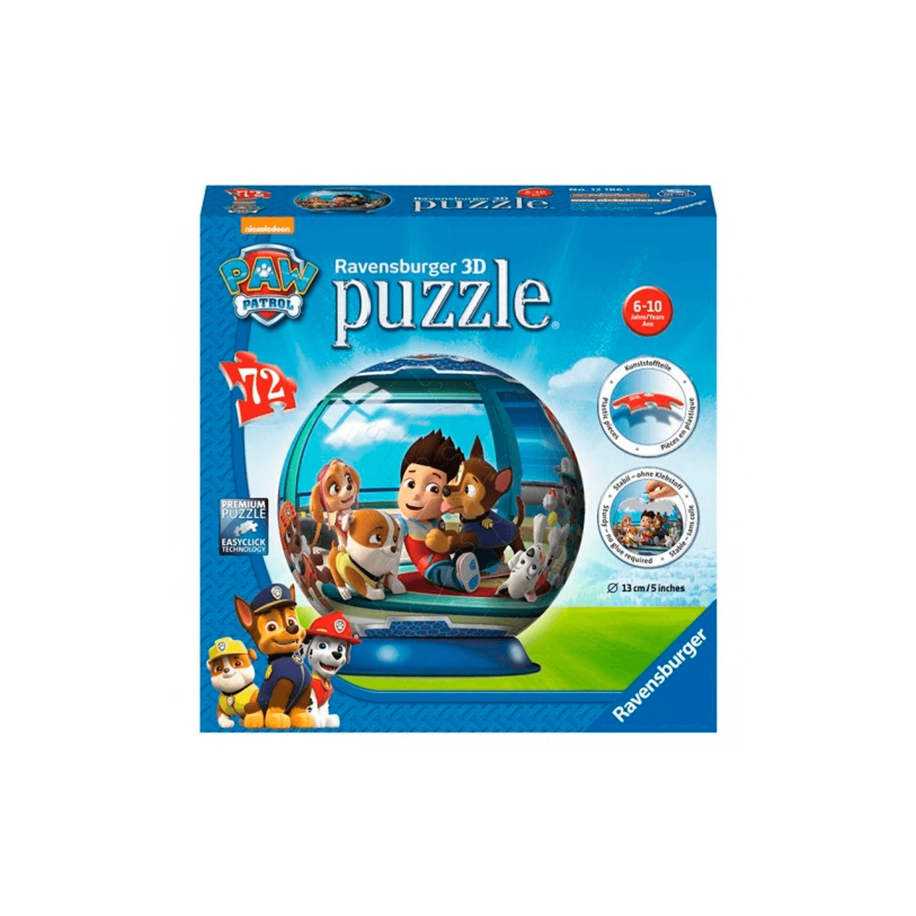 Ravensburger Puzzle Ball 3D Paw Patrol 72 Piezas: ¡Arma tu Esfera con los Héroes de Bahía Aventura!