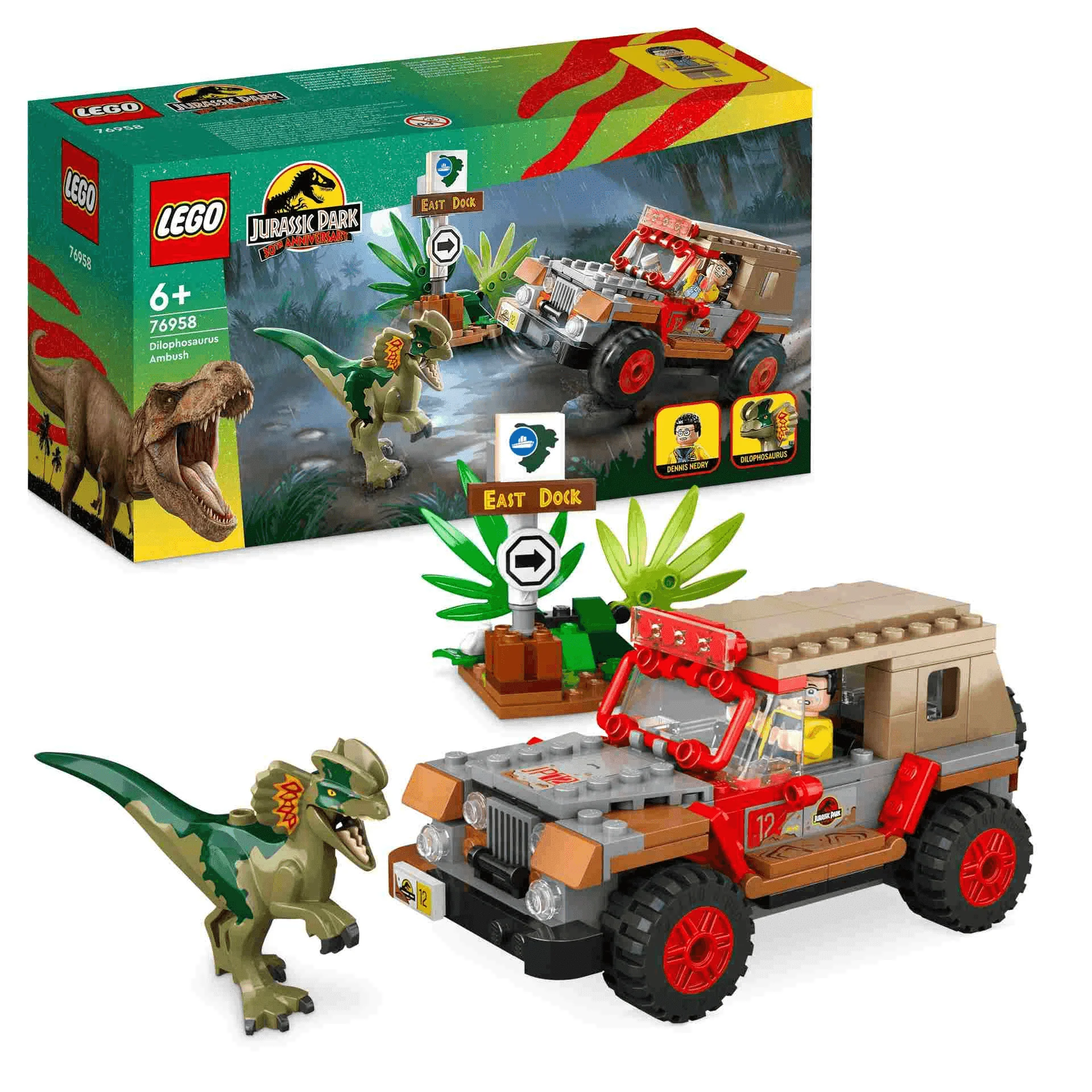 Set de juguetes de construcción LEGO Jurassic Park 76958 Emboscada al Dilofosaurio 211 piezas