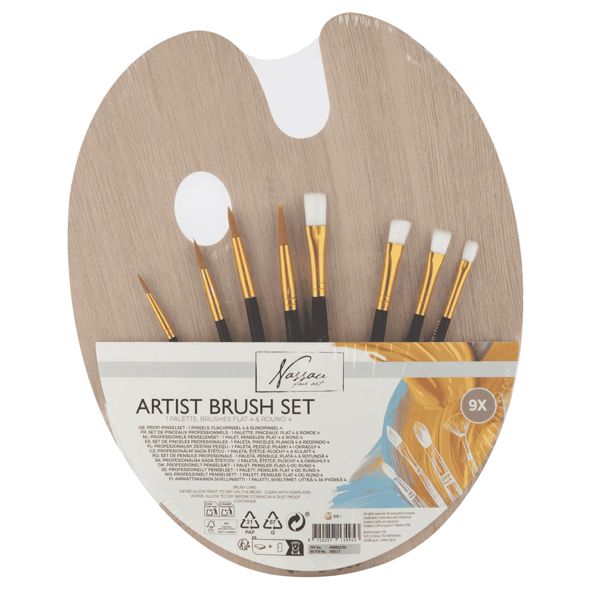 Set de Pinceles y Paleta de Madera Nassau Fine Art (9 piezas)
