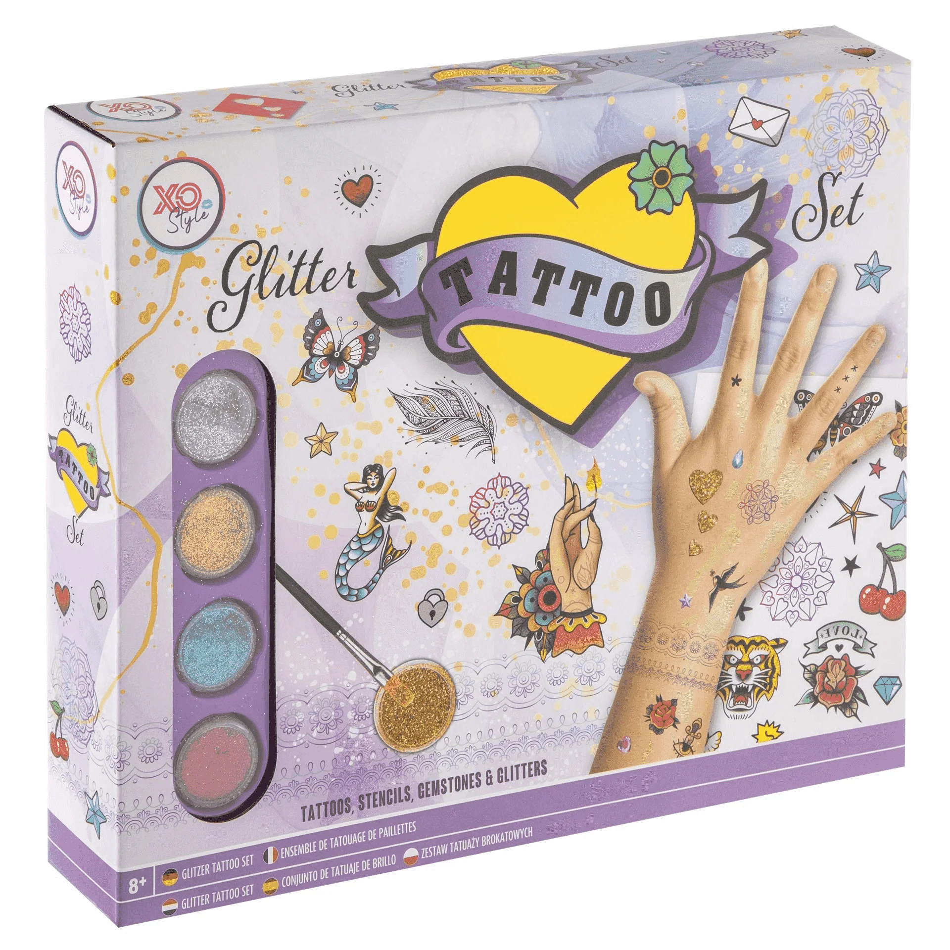 Set de tatuajes con brillo XO Style – Incluye purpurina, gemas, pinceles y plantillas