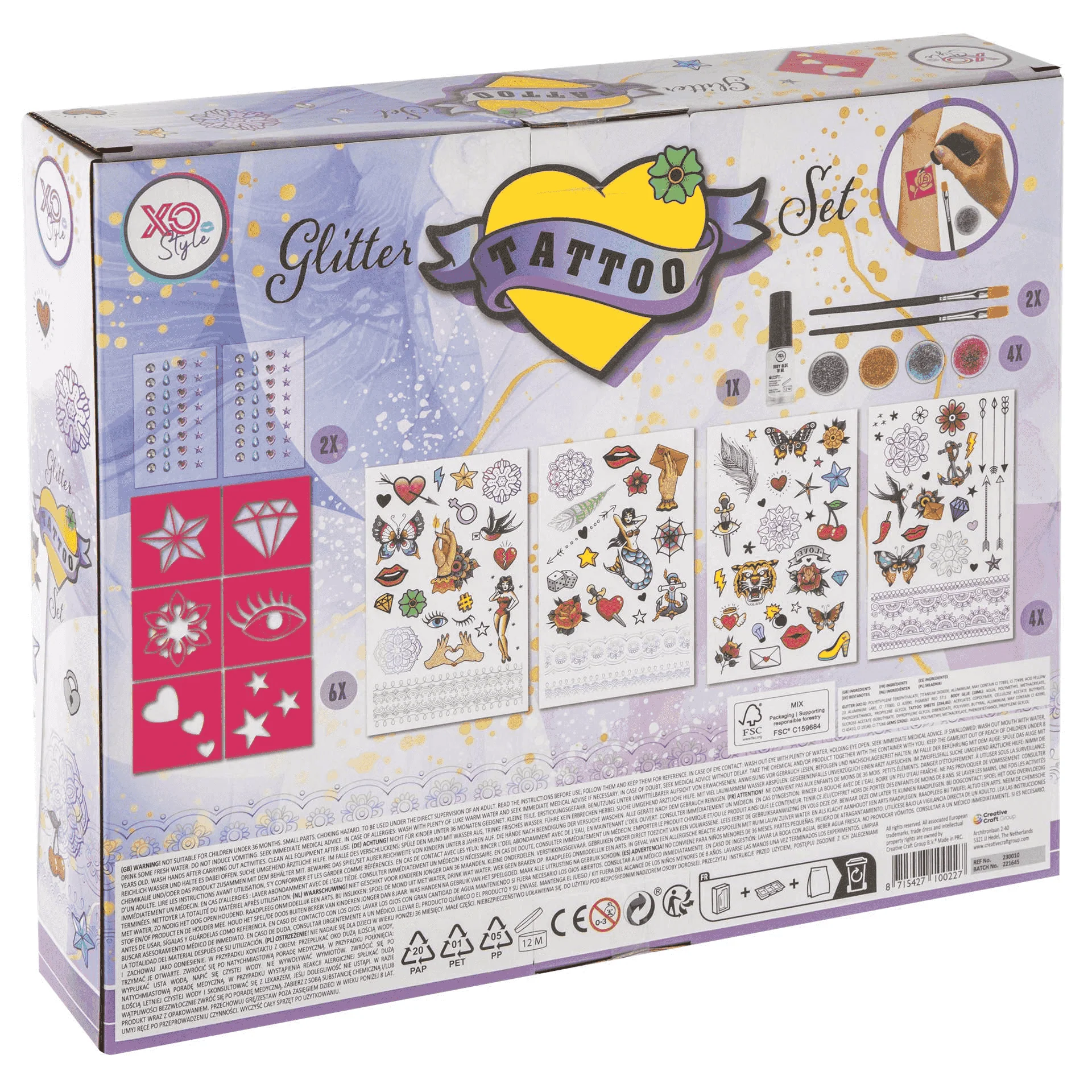 Set de tatuajes con brillo XO Style – Incluye purpurina, gemas, pinceles y plantillas - Image 2