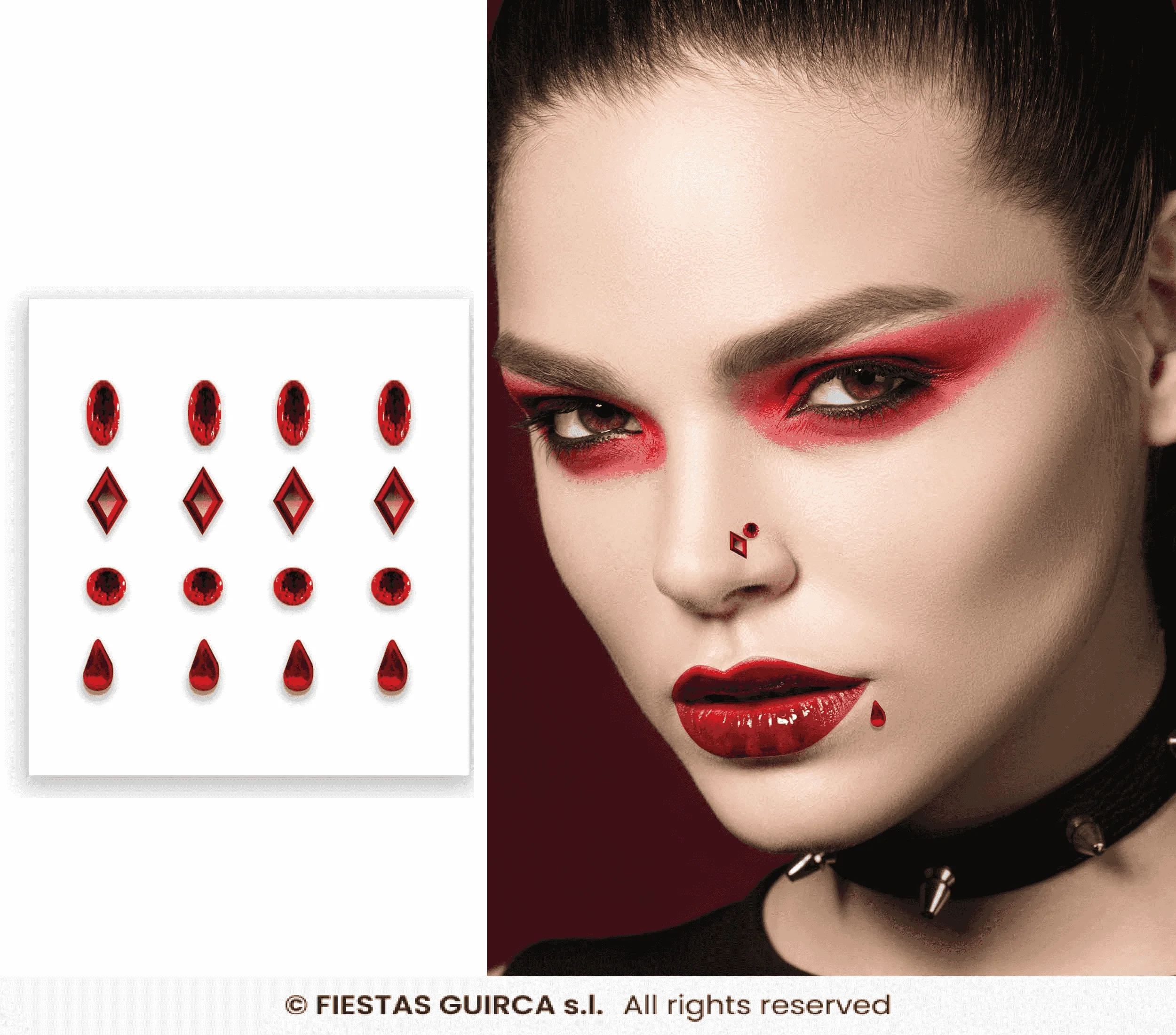 Sticker jewel face rojo – Falso piercing adhesivo para disfraces y maquillaje Halloween